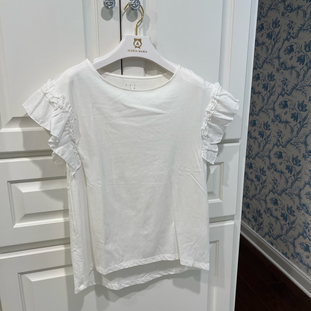 WHITE RUFFLE SLEEVE T SHIRT